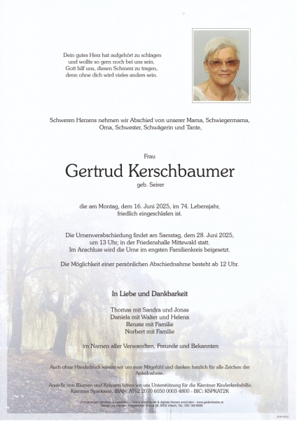 Parte von Gertrud  Kerschbaumer, geb. Seirer