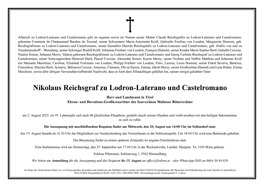 Parte von Nikolaus Reichsgraf  zu Lodron-Laterano und Castelromano
