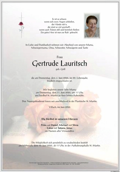Parte von Gertrude  Lauritsch, geb. Grill